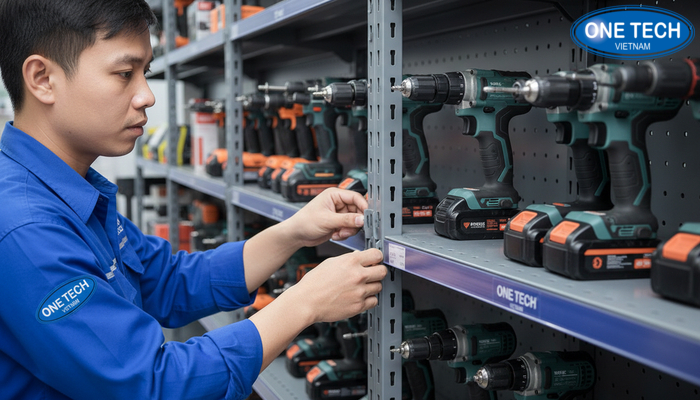 Kiểm tra ốc vít và khung kệ trưng bày máy khoan để đảm bảo an toàn