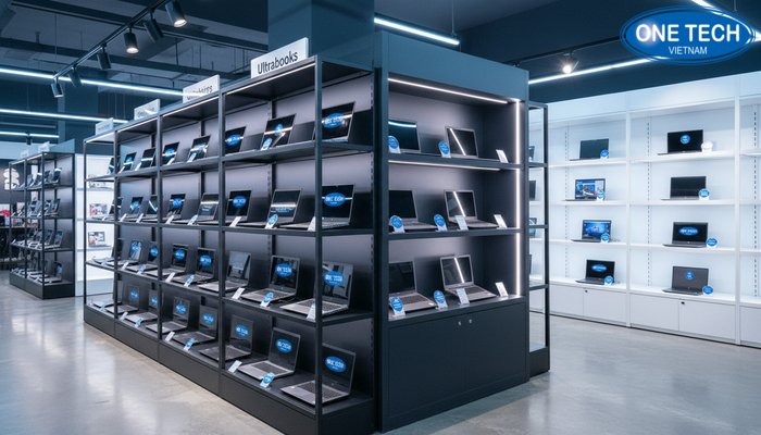 Kieu dang ke trung bay laptop Cac kieu dang ke trung bay laptop nhieu tang, tich hop den LED va vach ngan