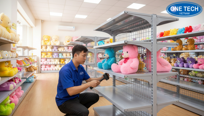 Kỹ thuật viên lắp đặt kệ trưng bày gấu bông tận nơi