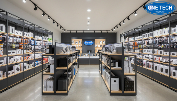 Bố trí kệ trưng bày đồ điện tối ưu Layout cửa hàng điện máy với kệ áp tường và kệ giữa nhà tối ưu quan sát