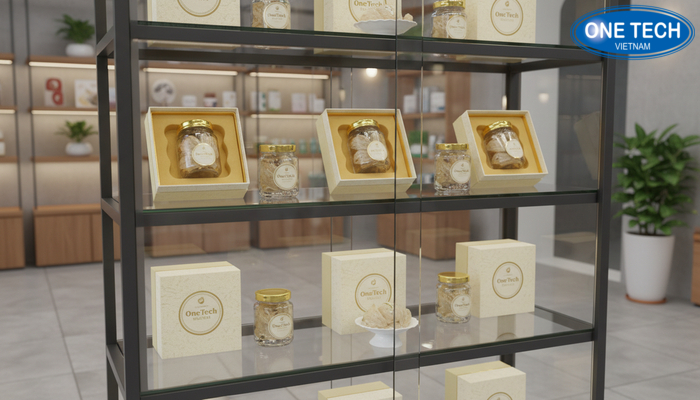 Mặt kính cường lực giúp hạn chế bám bụi khi trưng bày yến sào
