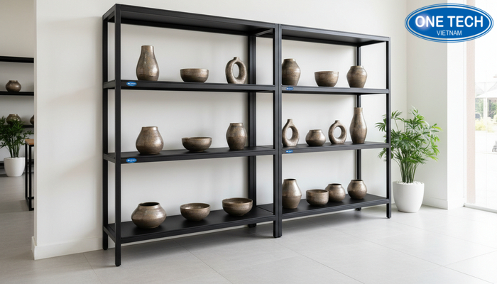 Mẫu kệ bày đồ gốm sứ chất lượng cao với bố cục nhiều tầng