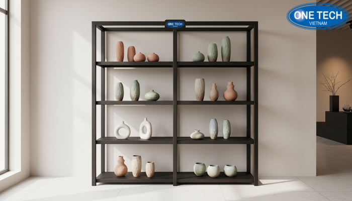 Kệ đứng nhiều tầng trưng bày gốm sứ trong showroom