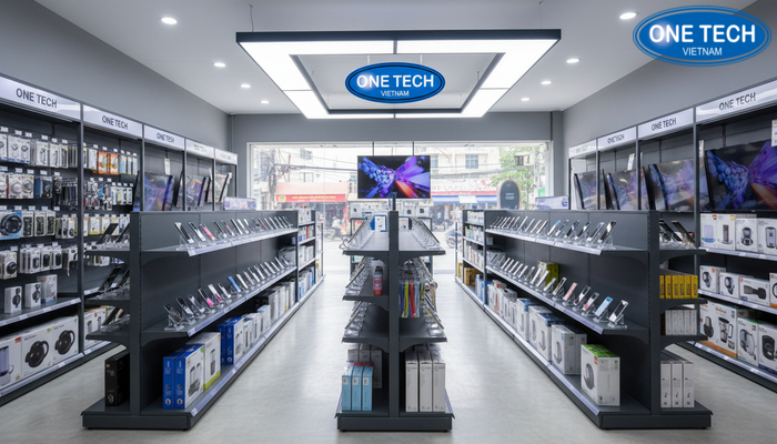 Kệ trưng bày đồ điện OneTech Đồng Tháp Mẫu kệ trưng bày đồ điện OneTech triển khai thực tế tại cửa hàng