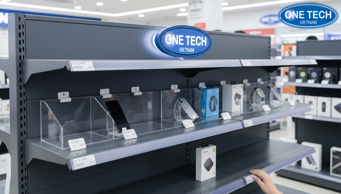 Tính năng kệ trưng bày đồ điện Minh họa mâm kệ điều chỉnh, phụ kiện đi kèm cho kệ trưng bày đồ điện