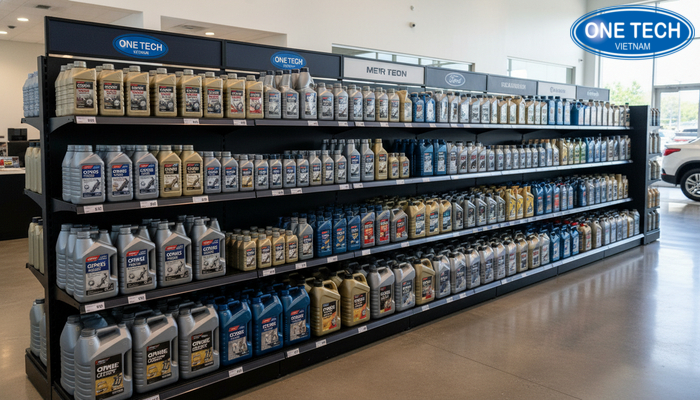Mô hình bố trí kệ trưng bày dầu nhớt trong showroom tối ưu lối đi và tầm nhìn