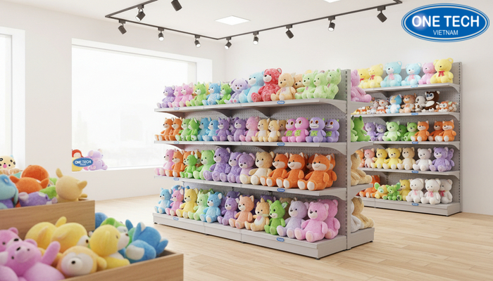 Mô phỏng mặt bằng shop với các kiểu kệ trưng bày gấu bông khác nhau