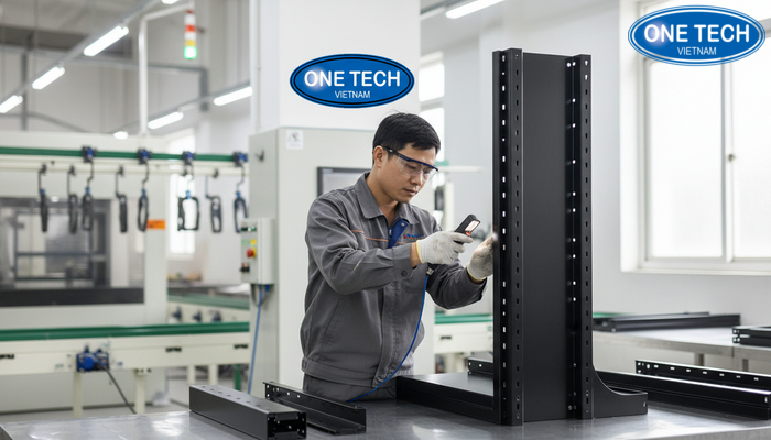 Hình ảnh khu vực sản xuất kệ, kiểm soát chất lượng và hoàn thiện bề mặt