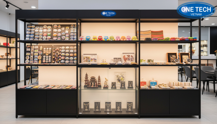 Kết hợp kệ mở và tủ kính cường lực để phân tầng sản phẩm phổ thông và hàng giá trị