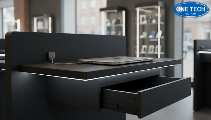 Tinh nang bo tro ke trung bay laptop Tinh nang khoa bao ve, den LED va ngan keo tren ke trung bay laptop