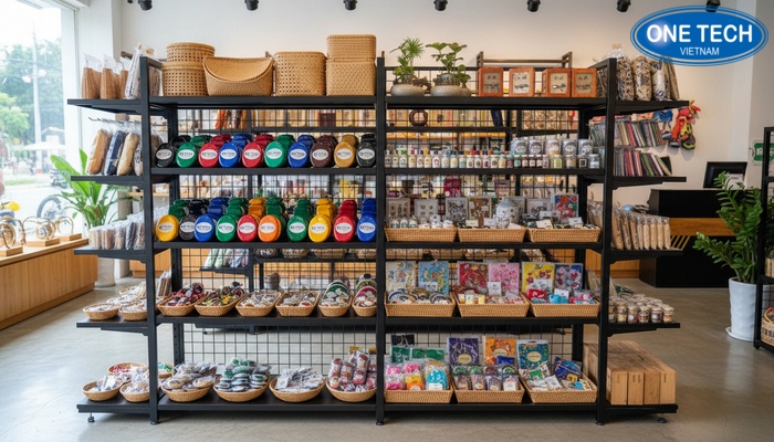 Hình ảnh kệ trưng bày hoàn thiện sau khi bàn giao, bố trí gọn và nổi bật sản phẩm