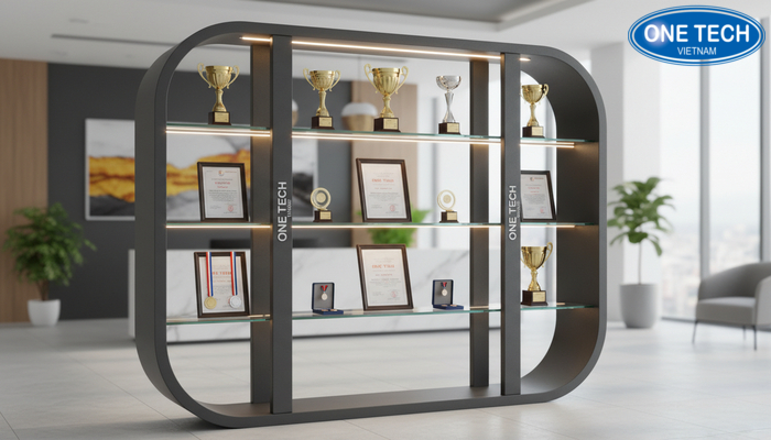 Hình ảnh kệ trưng bày bằng khen tiêu biểu của OneTech tại Đồng Tháp
