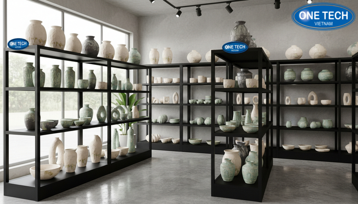 Khu trưng bày mẫu kệ trưng bày gốm sứ của OneTech
