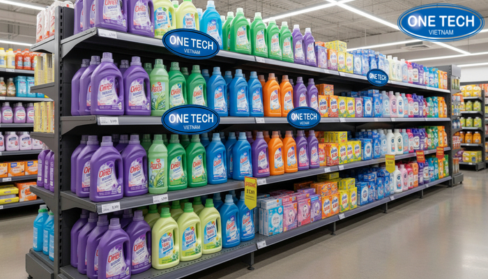 Tiêu chí chọn kệ trưng bày nước giặt Sơ đồ tiêu chí chọn kệ trưng bày nước giặt: chịu lực, chống ẩm, dễ vệ sinh, tối ưu diện tích