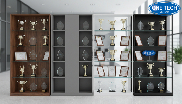 So sánh chất liệu gỗ MDF, gỗ tự nhiên, kính cường lực và kim loại cho kệ trưng bày bằng khen