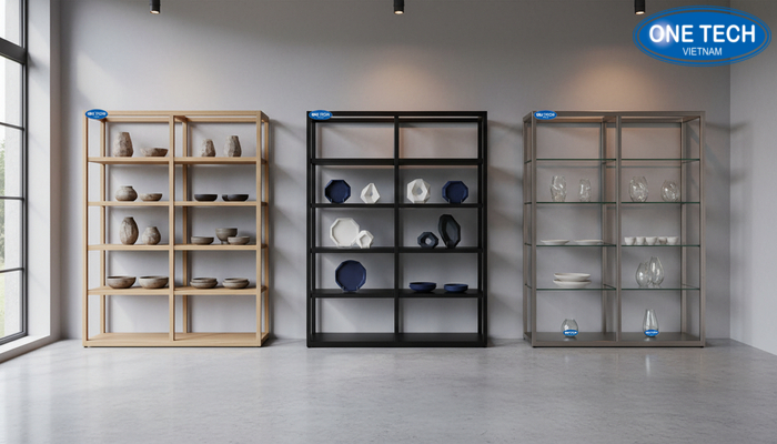 So sánh kệ gỗ, kệ kim loại và kệ kính khi trưng bày gốm sứ