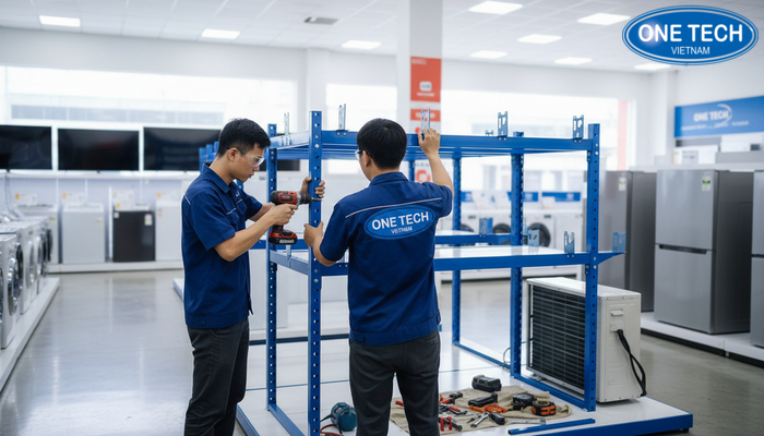 Thi công kệ trưng bày điều hoà Hình ảnh thi công lắp đặt kệ trưng bày điều hoà thực tế