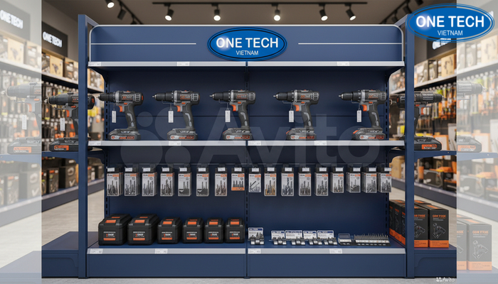 Thiết kế kệ máy khoan hiện đại tối ưu không gian cho cửa hàng diện tích nhỏ
