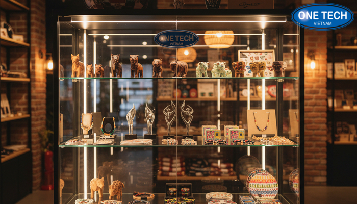 Tủ trưng bày kính cường lực kèm đèn LED giúp sản phẩm nổi bật và sạch bụi