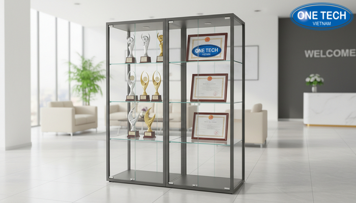 Tủ kính trưng bày bằng khen và cúp với bố cục rõ ràng