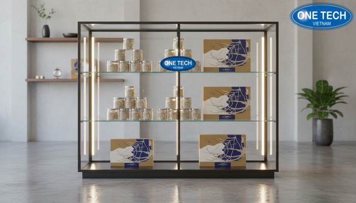 Tủ kính trưng bày yến sào có đèn LED sang trọng