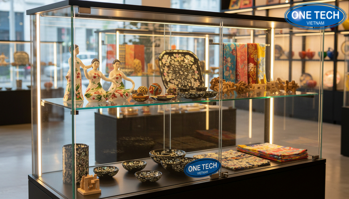Tủ trưng bày kính cường lực có đèn LED giúp làm nổi bật sản phẩm lưu niệm tinh xảo