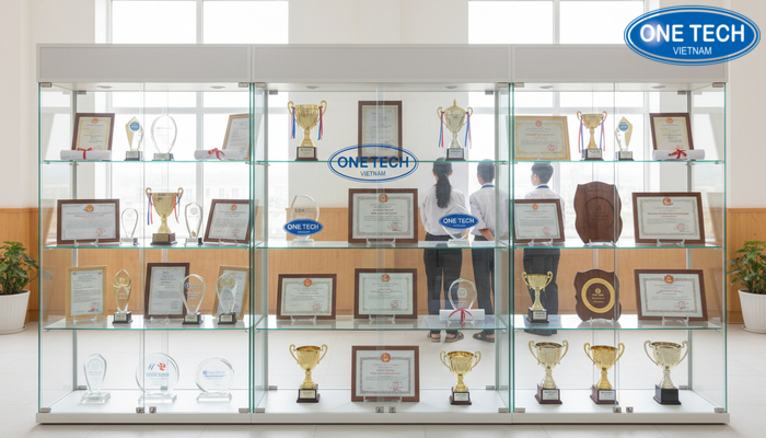 Tủ kính trưng bày bằng khen tại trường học hoặc phòng truyền thống