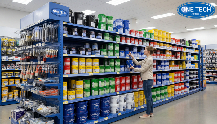 Minh họa vai trò của kệ trưng bày sơn nước: gọn gàng, dễ chọn, an toàn