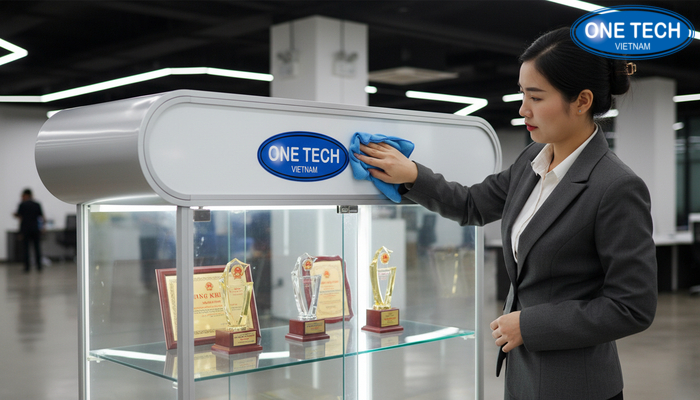 Các bước vệ sinh kính và khung kim loại của tủ trưng bày bằng khen