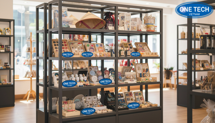 Ví dụ tối ưu thẻ alt ảnh cho kệ trưng bày quà lưu niệm đẹp và tủ kính cường lực