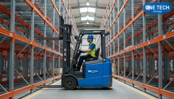 Minh họa an toàn khi xe nâng di chuyển trong kênh kệ drive in