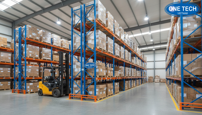 Ảnh kho thực tế tại Đồng Tháp ứng dụng kệ Push Back cho hàng pallet