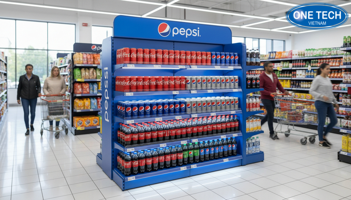 Trước và sau khi dùng kệ quảng cáo Pepsi, Coca So sánh khu vực trưng bày trước và sau khi lắp kệ quảng cáo nước ngọt, khu vực gọn và nổi bật hơn