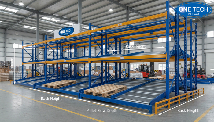 Bản vẽ thông số kệ Push Back gồm chiều cao, chiều rộng và chiều sâu luồng pallet