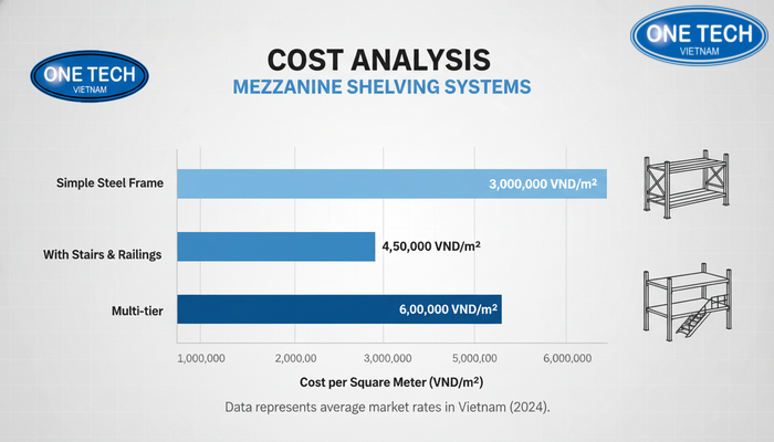 Biểu đồ minh họa chi phí kệ sàn mezzanine theo mét vuông theo cấu hình