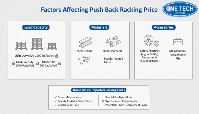 Biểu đồ các yếu tố ảnh hưởng đến giá kệ Push Back như tải trọng, vật liệu, phụ kiện