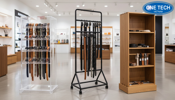 Các loại kệ trưng bày thắt lưng phổ biến Bộ sưu tập mẫu kệ mica đa tầng, kệ sắt móc treo và kệ gỗ trưng bày thắt lưng