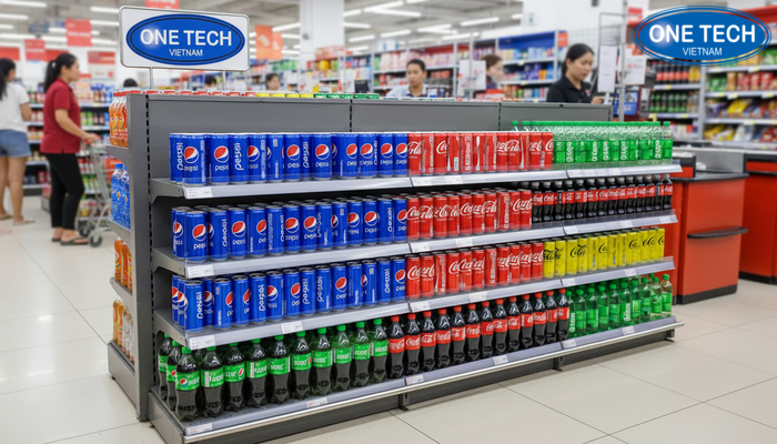 Kệ quảng cáo Pepsi, Coca gần quầy thu ngân Bố trí kệ quảng cáo gần quầy thu ngân để kích thích mua nhanh