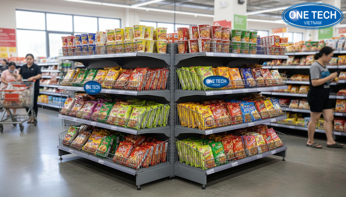 Bố trí kệ rổ mì 2 mặt giữa lối đi siêu thị mini