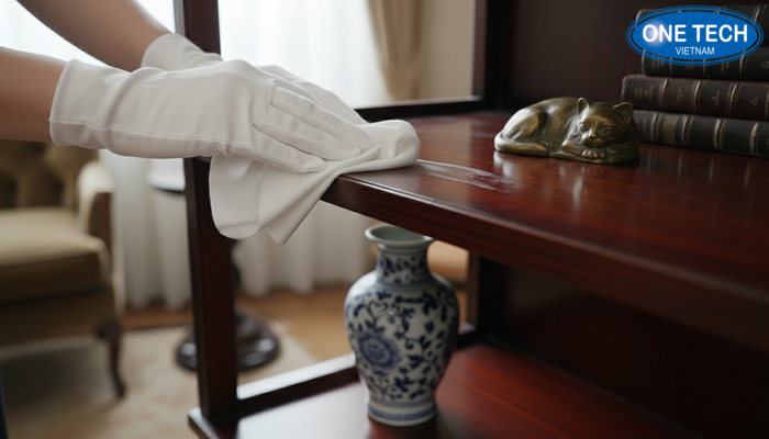 Hướng dẫn vệ sinh kệ trưng bày đồ cổ Các bước vệ sinh kệ trưng bày đồ cổ bằng khăn mềm và dụng cụ phù hợp