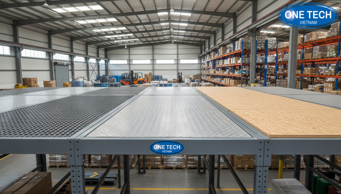 Minh họa các loại mặt sàn mezzanine phổ biến như thép lỗ, thép đặc, gỗ công nghiệp