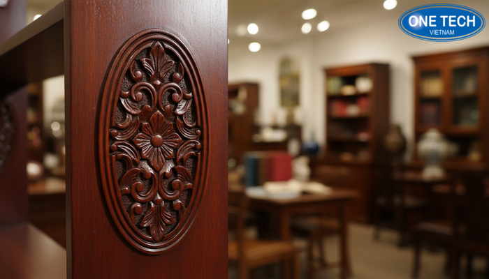 Chi tiết hoàn thiện kệ trưng bày đồ cổ Cận cảnh hoa văn và góc cạnh hoàn thiện trên kệ gỗ trưng bày đồ cổ