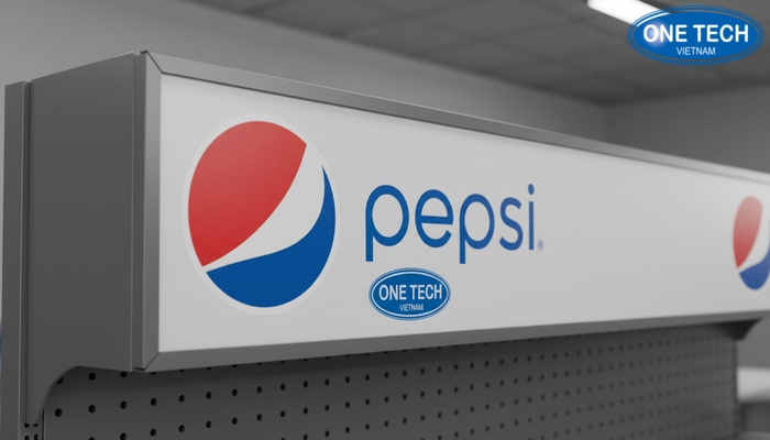 In UV và hoàn thiện bề mặt kệ quảng cáo Cận cảnh bề mặt in UV logo và màu sắc nhận diện trên kệ quảng cáo