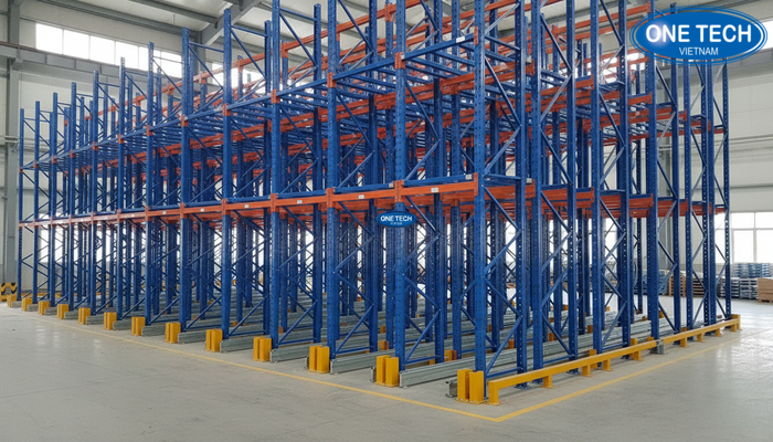 Cấu tạo kệ drive in gồm khung chịu lực, ray đỡ pallet, thanh dẫn hướng xe nâng