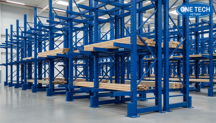 Sơ đồ cấu tạo kệ tay đỡ gồm cột trụ, tay đỡ, chân đế và giằng liên kết