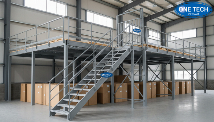 Cầu thang, lan can và cửa xuất hàng trong hệ kệ sàn mezzanine