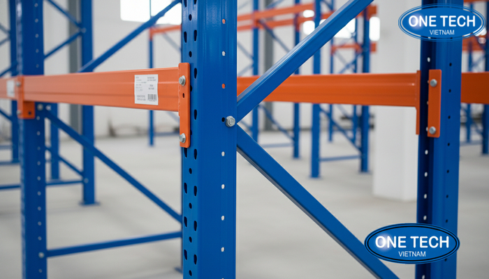 Cận cảnh khung đứng, thanh beam và thanh giằng của kệ pallet