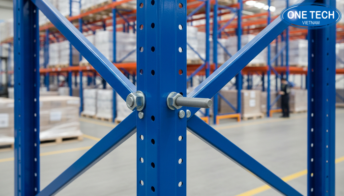 Chi tiết liên kết bulong và chốt an toàn của kệ double deep