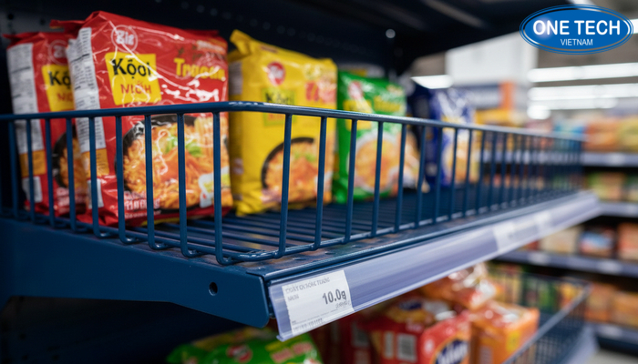 Cận cảnh lớp sơn tĩnh điện đều màu trên kệ rổ mì