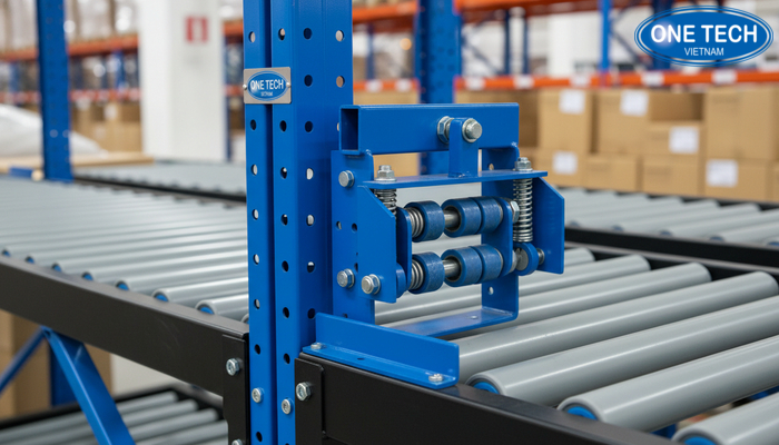 Cận cảnh phanh con lăn và chặn an toàn ở đầu xuất